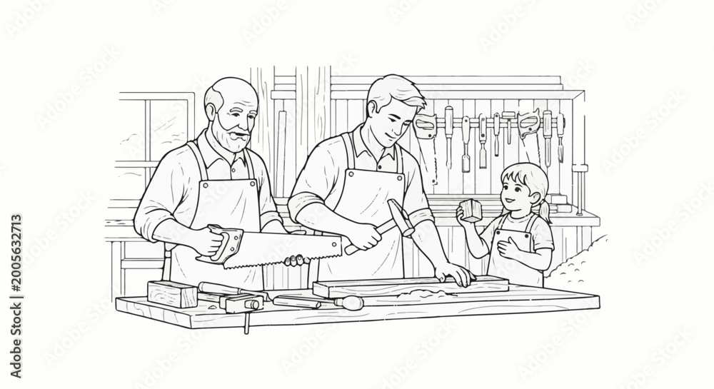 Obraz premium Three generations bonding over woodworking with tools and wood