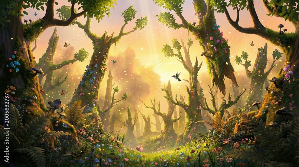 Fototapeta premium Enchanted forest with sparkling light and wildlife