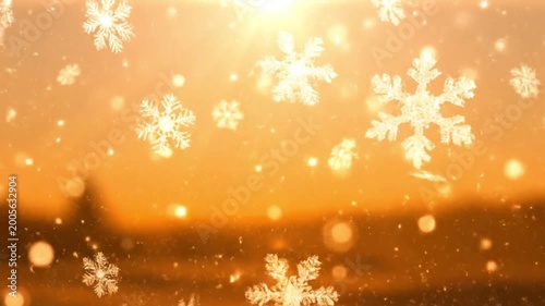 Golden Hour Sunset with Falling Snowflakes and Bokeh Lights