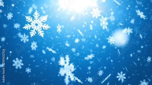 Blue Winter Snowflakes Falling, Abstract Festive Background with Bokeh