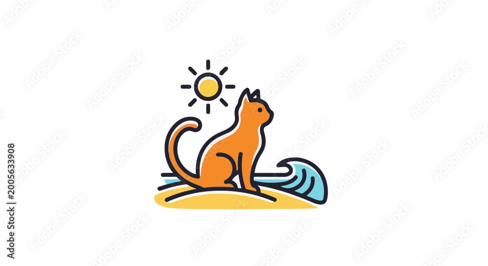 Fototapeta premium Stylized orange cat on beach with sun and wave, vacation theme