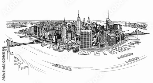 Stylized sketch of a sprawling city skyline with bridges and boats on the water