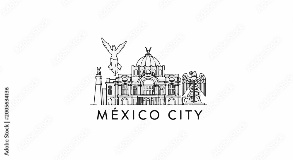Naklejka premium Stylized skyline illustration of iconic Mexico City landmarks with text