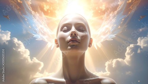 Ethereal portrait with radiant light and angelic wings