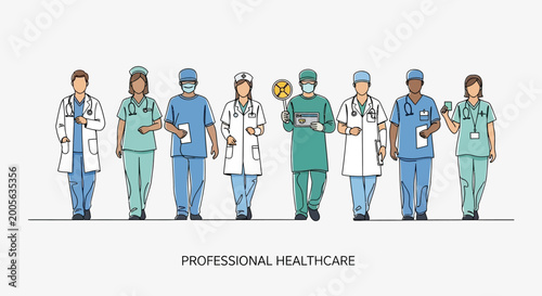 Obraz na płótnie Diverse group of professional healthcare workers standing together in a line illustration