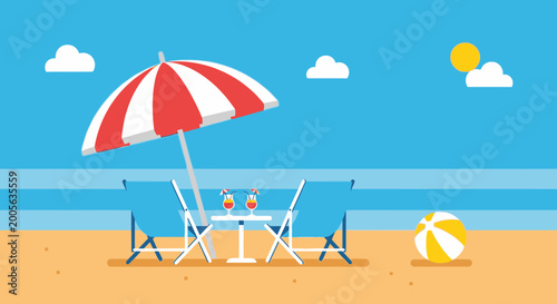 Foto Idyllic summer beach vacation scene with red and white striped umbrella, chairs, table with drinks, and a beach ball on sand under a sunny sky