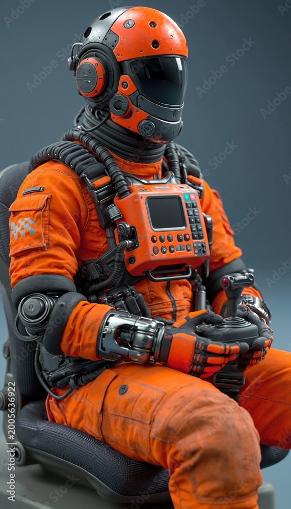 Fototapeta premium Robot heavy equipment operator in orange workwear using joystick controller