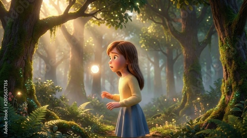 Girl discovering magic light in enchanting forest