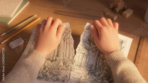 Hands ripping apart finished forest drawing due to frustration