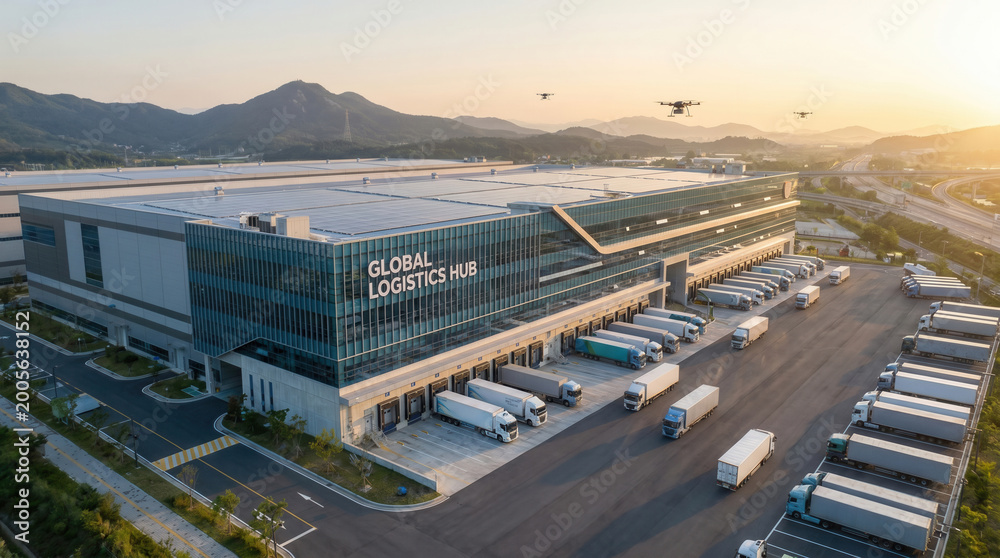 Naklejka premium Global logistics hub managing drone and truck delivery