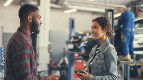 Mechanic talking with customer at auto service garage
