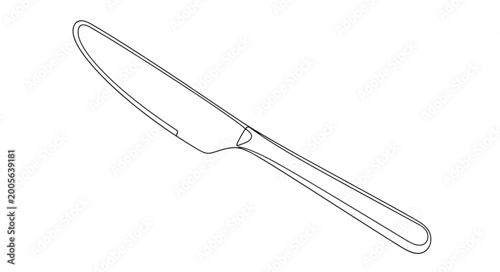 Obraz premium Classic table knife with a smooth handle and sharp blade is depicted in a minimalistic black and white line art style for culinary use.