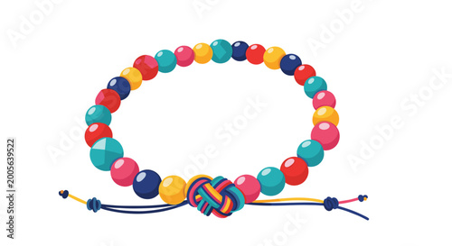 Vibrant beaded bracelet made of colorful round spheres in red blue yellow and pink is secured with an intricate woven string knot.