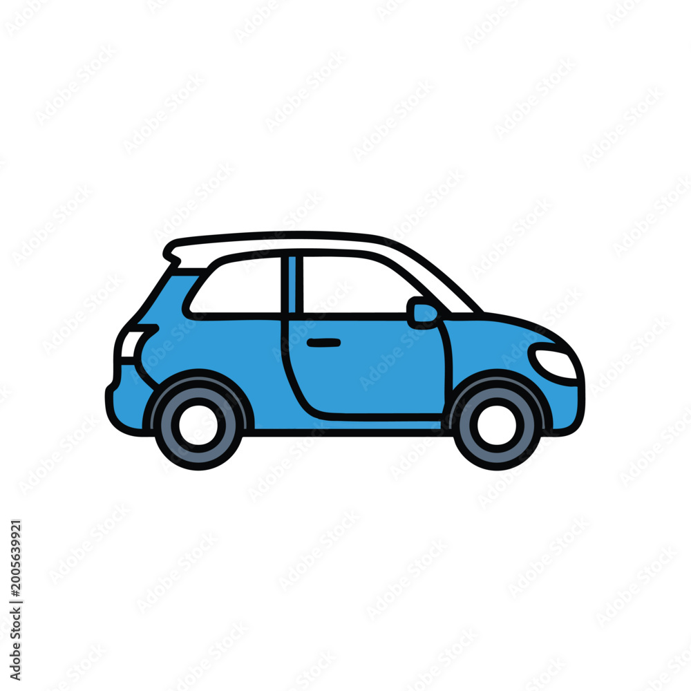 Fototapeta premium A simple blue compact car icon on a white background.