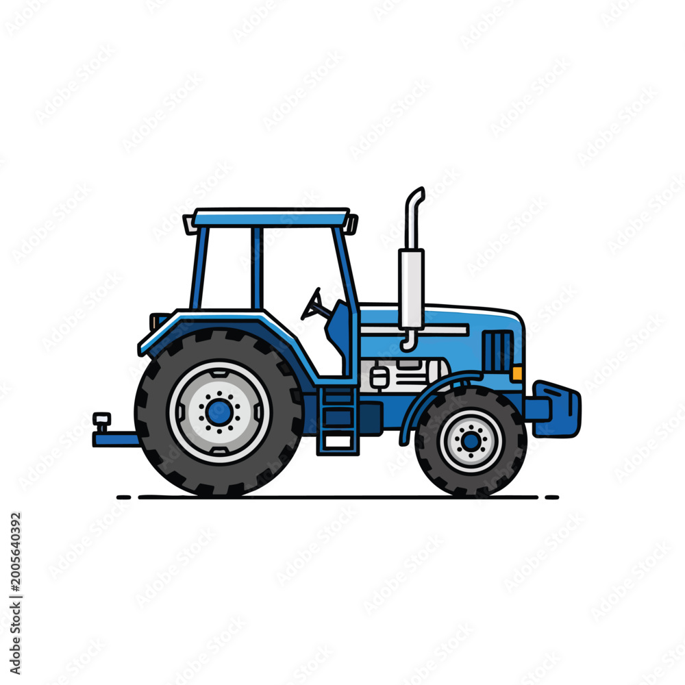 Obraz premium Blue farm tractor side view flat vector illustration.