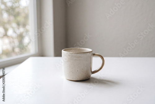 Minimal ceramic coffee mug on table near window natural light lifestyle concept