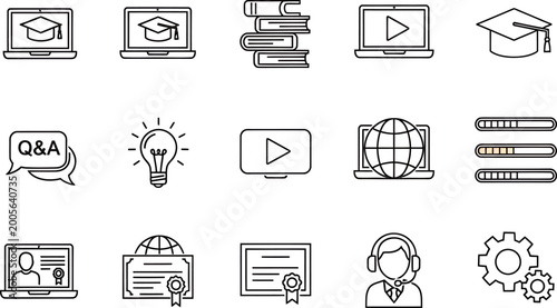 Online education and learning icons with e learning qa icon learning resources education