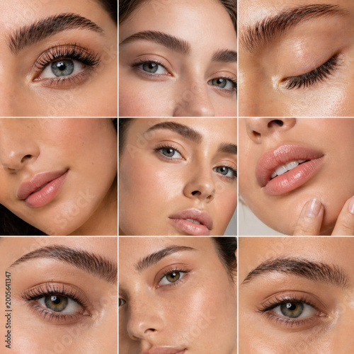 Beauty collage of female face details eyes lips skin cosmetic skincare concept