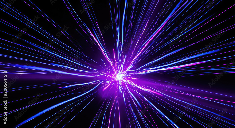 Fototapeta premium A vibrant, energetic burst of purple and blue light emanates from a central point, resembling an explosion or a star.