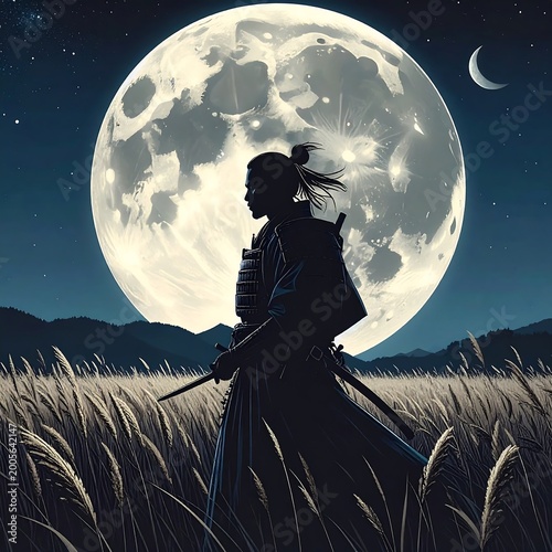 Warrior beneath a giant moon and crescent sky