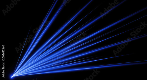 A bright blue laser beam shoots out from a dark surface, creating a dynamic and abstract pattern. The laser light converges into a sharp point, suggesting power and precision.