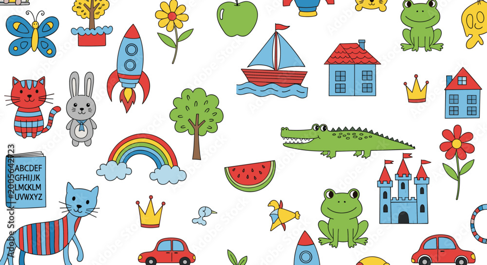 Fototapeta premium Colorful Set of Cute Animals, Educational Elements, and Fun Illustrations Including Cats, Frogs, Boats, and Alphabet Letters