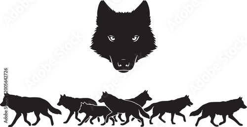 Canvastavla Wolf pack, wolf silhouettes, black wolf icons, animal graphics, wildlife illustr