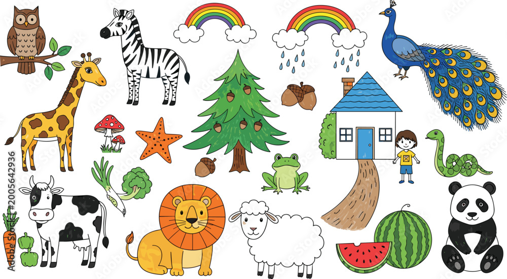 Naklejka premium Illustration of Various Animals, Nature Elements, and Fun Characters, Including Giraffes, Lions, Zebras, Frogs, and More