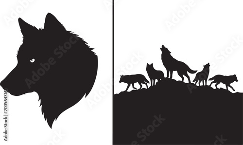 Canvastavla Black wolf silhouettes, wolf pack icons, howling wolves, animal symbols, vector