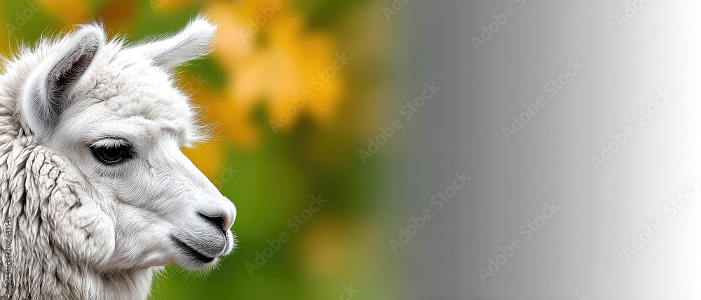 Fototapeta premium Close up view of a llama with white fur under bright light with soft background in shades of green and yellow, showcasing details of the animal's features and fur texture
