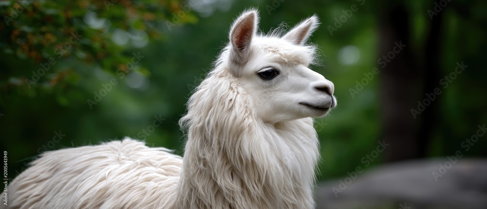 Naklejka premium Portrait of a white llama with shaggy fur facing the viewer in a green and yellow natural setting