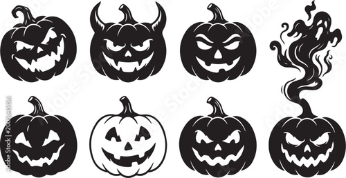Bild auf Leinwand Halloween Pumpkins, Jack O Lanterns, Black Icons, Vector Illustrations, Spooky F