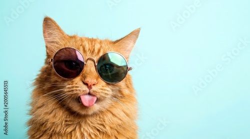 Playful orange fluffy cat wearing round sunglasses sticks out tongue on a bright blue background
