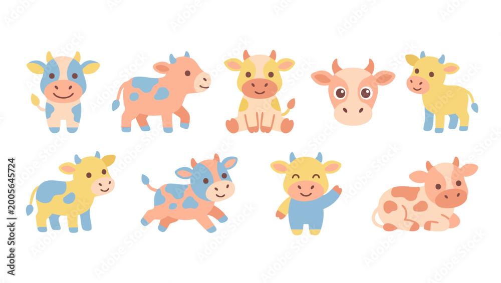 Fototapeta premium Cute Cow Vector Set, Flat Cartoon Animals Collection for Kids Design, Farm Livestock Characters in Pastel Colors, Adorable Bull and Calf Elements Isolated on White Background for Children Activity Boo