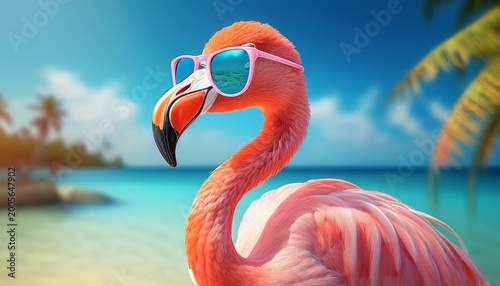 funny flamingo in sunglasses on summer sea beach background summer vacation concept generative ai