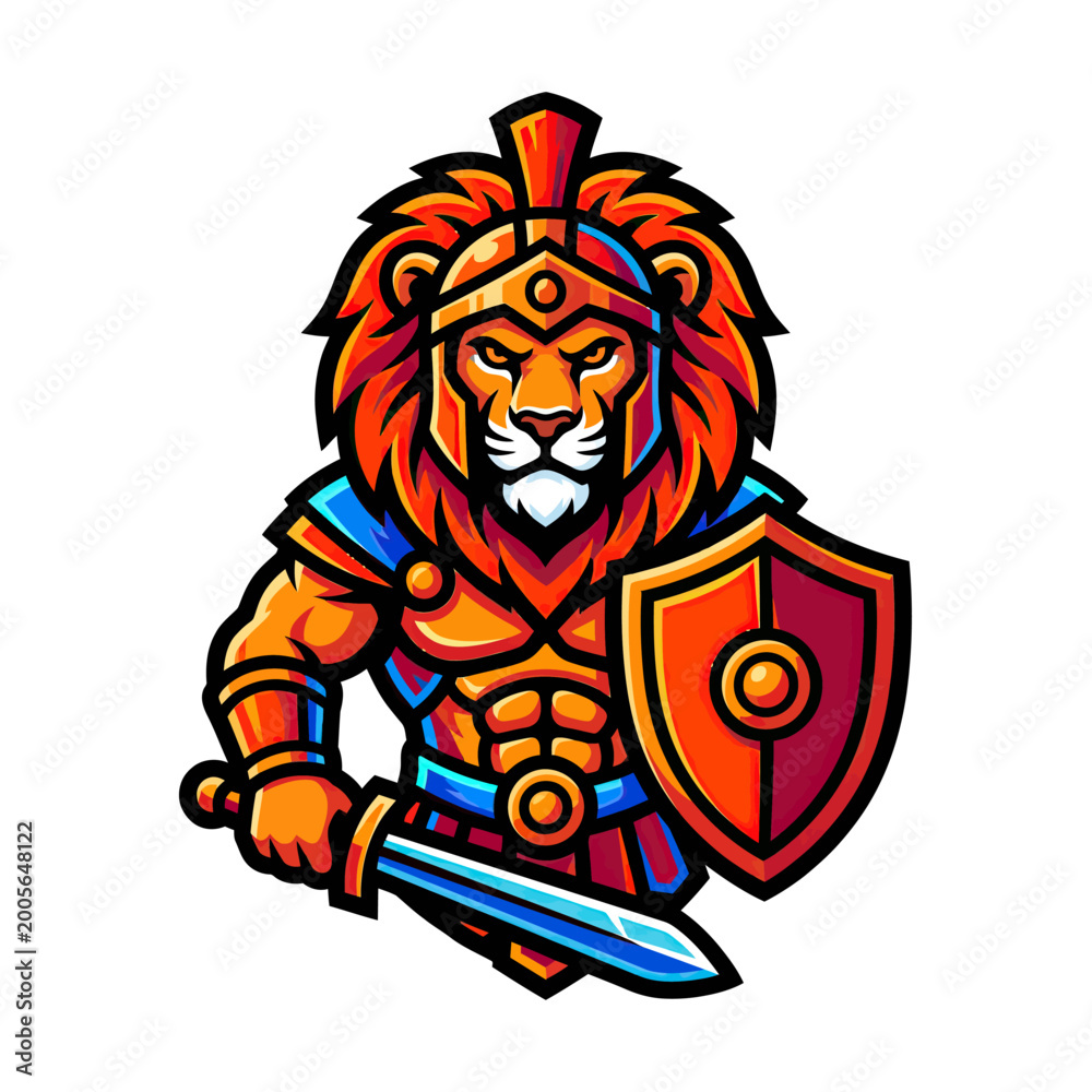 Obraz premium Cartoon lion warrior with sword shield.