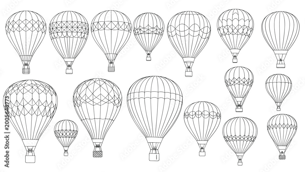 Obraz premium Large set of various hot air balloon outlines with different patterns and sizes in a clean black and white line art style.