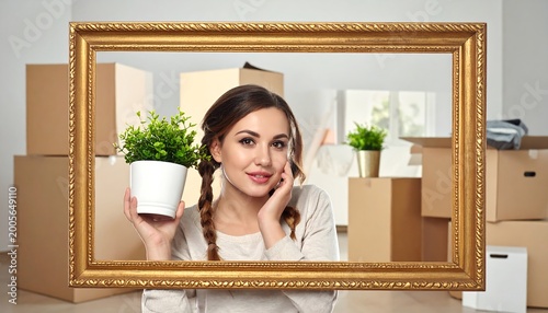 Woman with plant in framed room with moving boxes