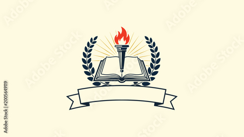 Academic emblem features an open book topped with a flaming torch surrounded by a laurel wreath and a banner for school or college logos.