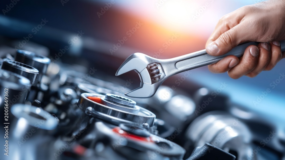 Fototapeta premium Hand Holding Wrench for Tightening Bolt in Vehicle Mechanics Workshop