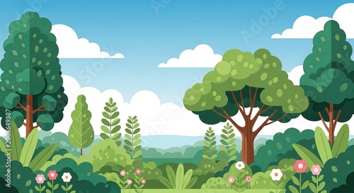 Colorful cartoon forest landscape with trees flowers and blue sky background