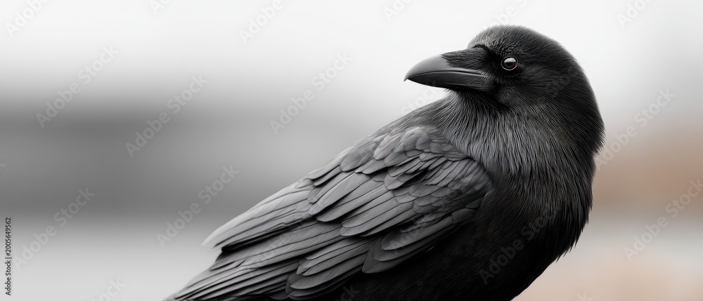 Obraz premium Monochrome portrait of a common raven showcasing its features and details in a high contrast setting against a white backdrop