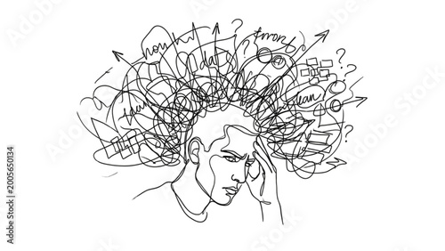 Fotografia Continuous One Line Head Chaos Illustration – Stress & Information Overload Abst