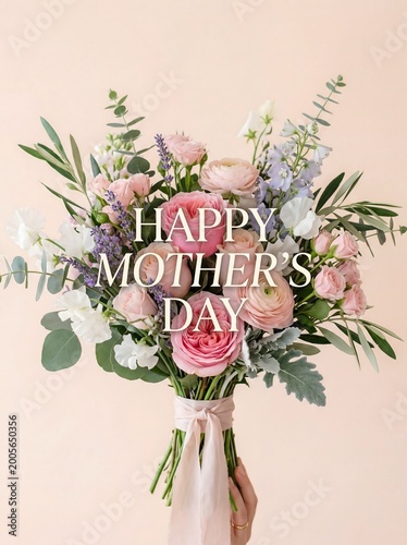 Hand holding floral bouquet with Happy Mother’s Day message