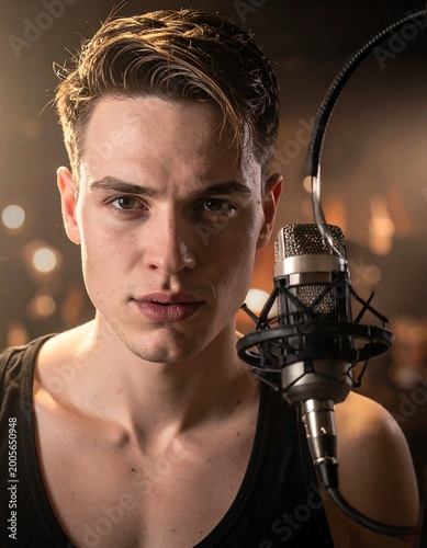 Young man singing into a studio microphone, performance