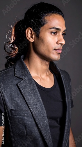Young man with long dark hair in a dark vest