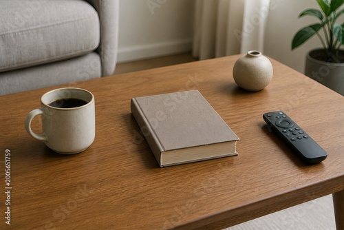 Coffee table with mug, book, and remote control in a living room setting
