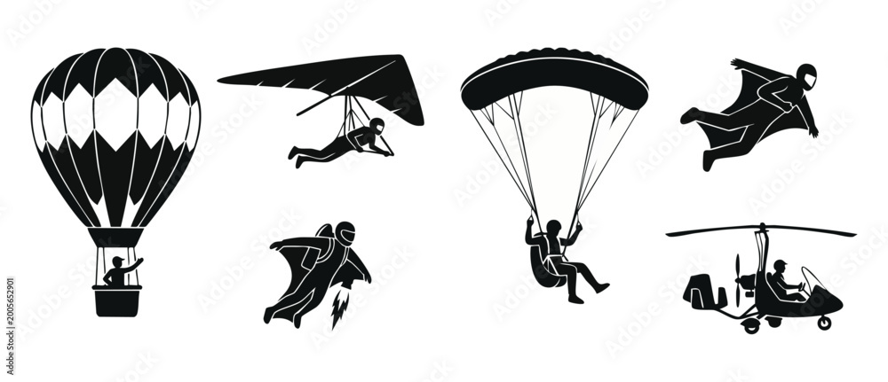 Obraz premium Extreme Sports Air Transport Icons, Hot Air Balloon, Paragliding, Wingsuit Flying and Gyrocopter Silhouettes for Adventure Travel and Aviation Design Vector Set Collection