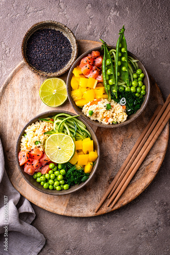Healthy bowl with salmon and vegetables