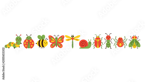 Cute insects set collection for children, cartoon vector illustration of friendly bugs and butterflies lined up horizontally for educational design, kids scrapbooking or nursery room wall art decor.